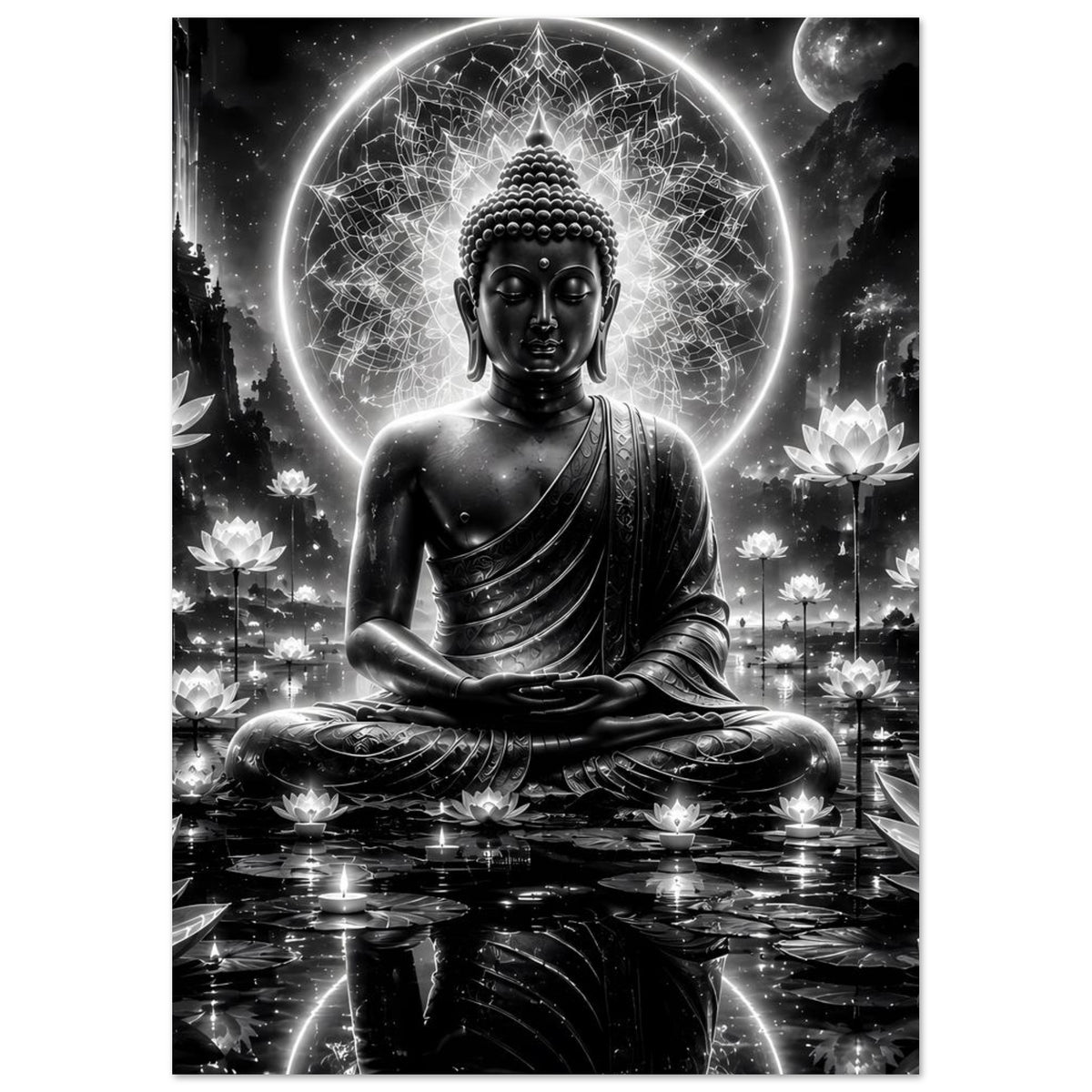 Buddha-Serenity-Poster: Meditierender Buddha vor leuchtendem Mandala-Kreis und Lotosmotiven