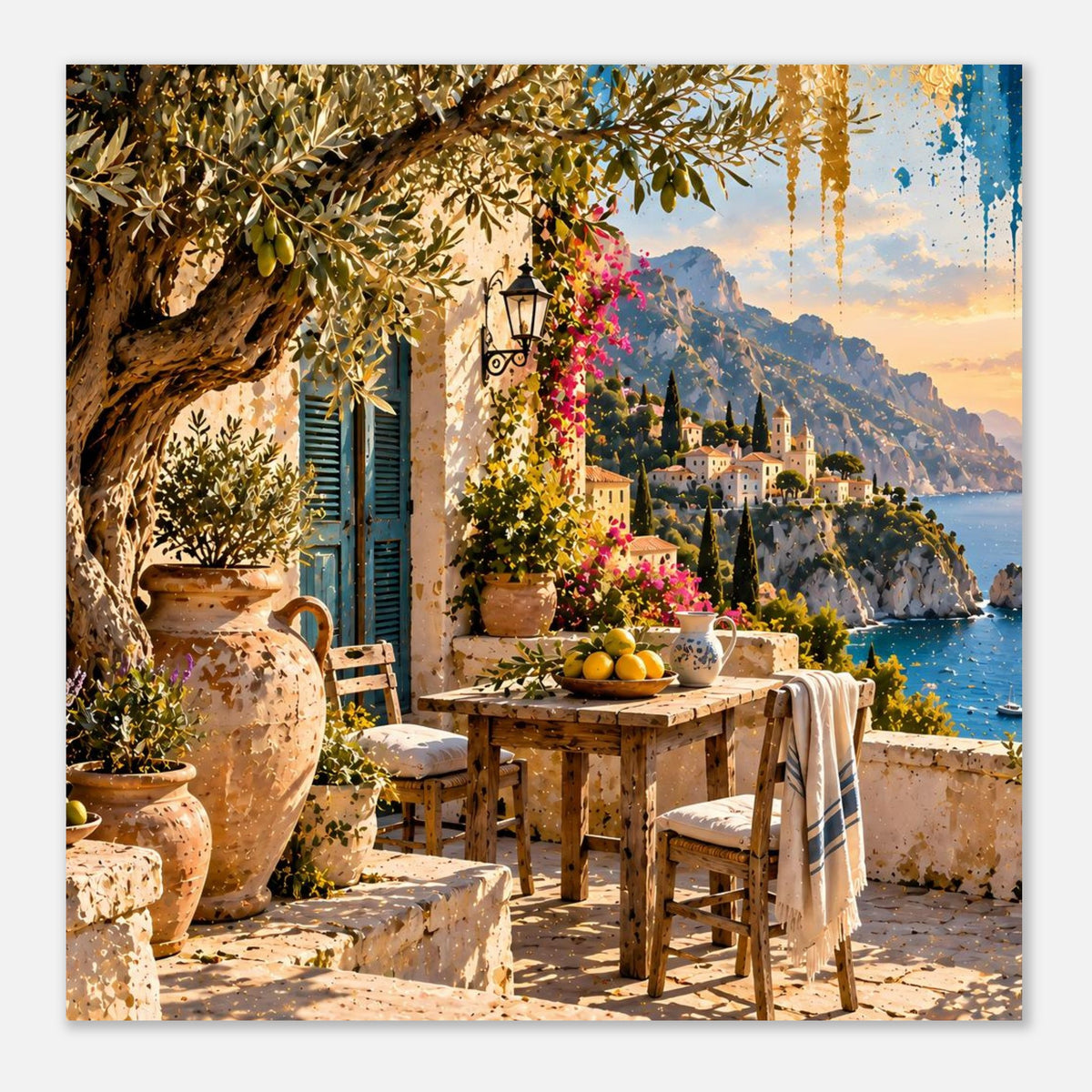 Mediterranes Terrassen-Poster mit Tisch, Blumen und Blick aufs Meer bei Sonnenuntergang