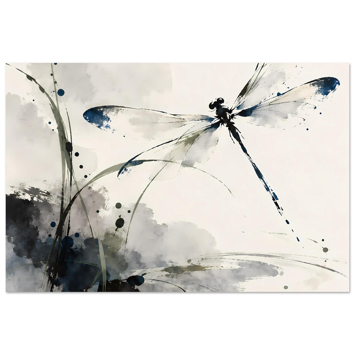 Horizontales Aquarell-Poster mit Libelle in Dunkelblau, schwarze und graue Akzente