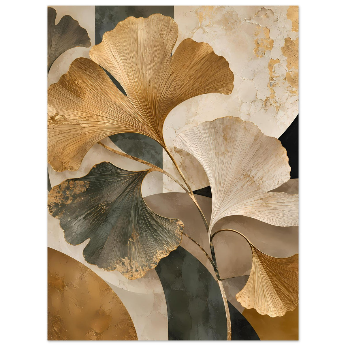 Botanisches Poster mit Ginkgo-Blättern, golden und cremefarben, mit dunkelgrünen Blättern