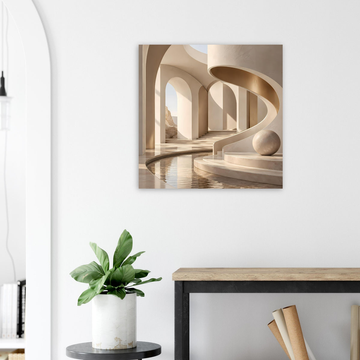 Architekturposter mit bogenförmigem Gang und Herz-ähnlicher Öffnung, plus runder Kugel