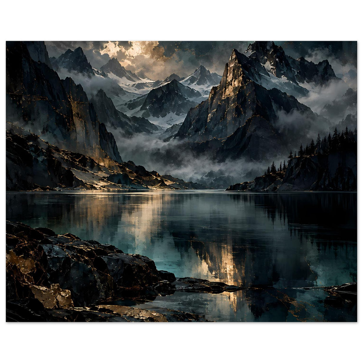 Horizontales Landschaftsposter mit Gebirge, ruhigem See und Felsufer