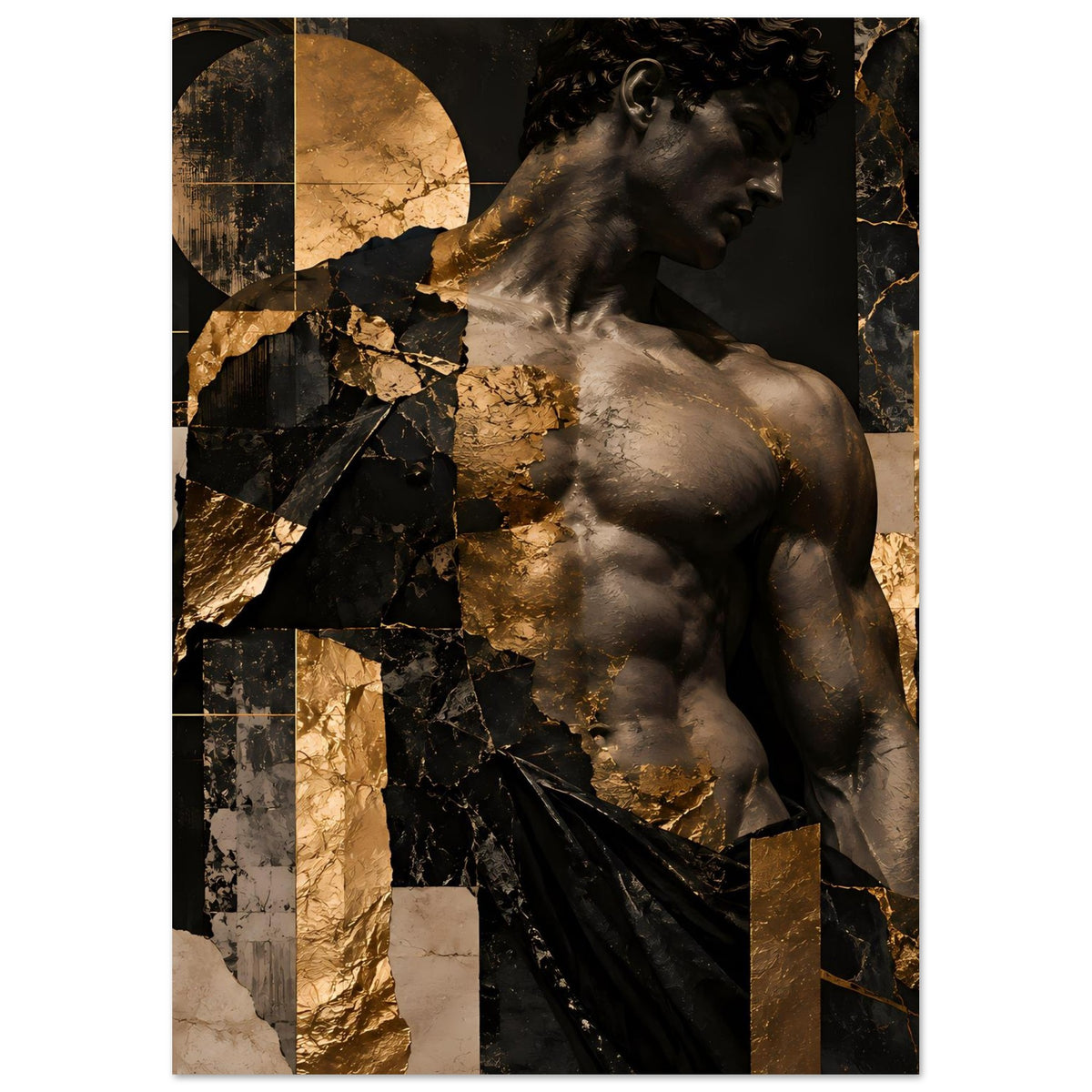 Kunstposter mit antiker Skulptur, Schwarz-Gold mit goldenen Akzenten und Drapierung