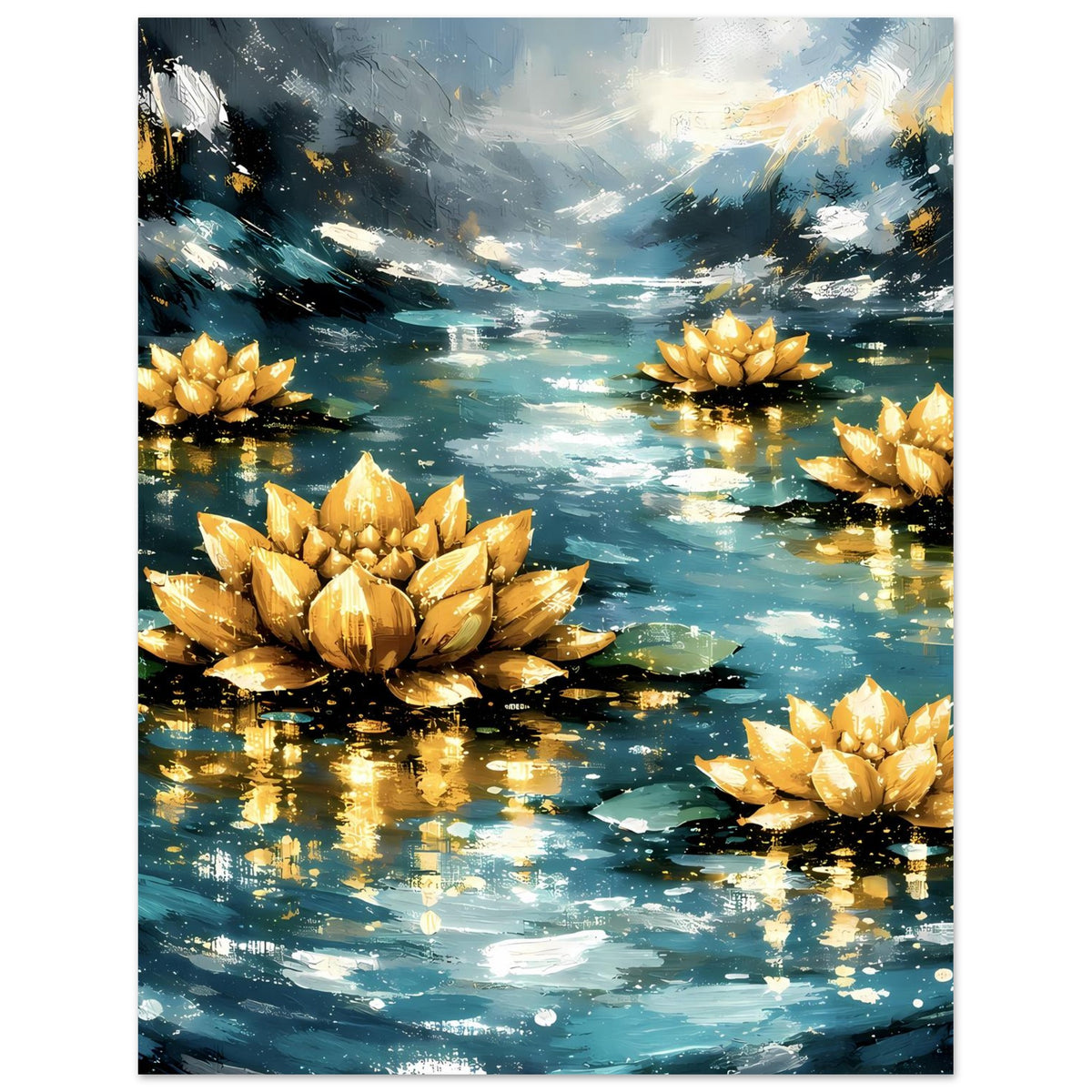 Hochformat-Poster: mehrere goldene Lotosblüten mit Spiegelungen auf der Wasseroberfläche