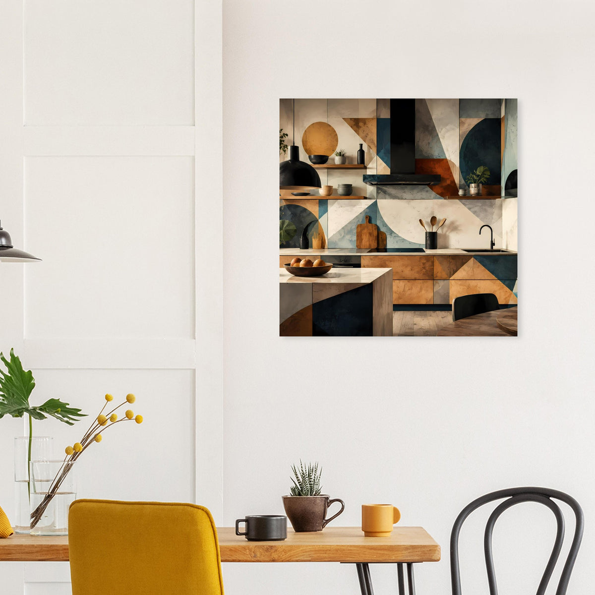 Geometrisches Küchenkunstposter mit abstrakter Küchenansicht, quadratisch über Holzkonsole
