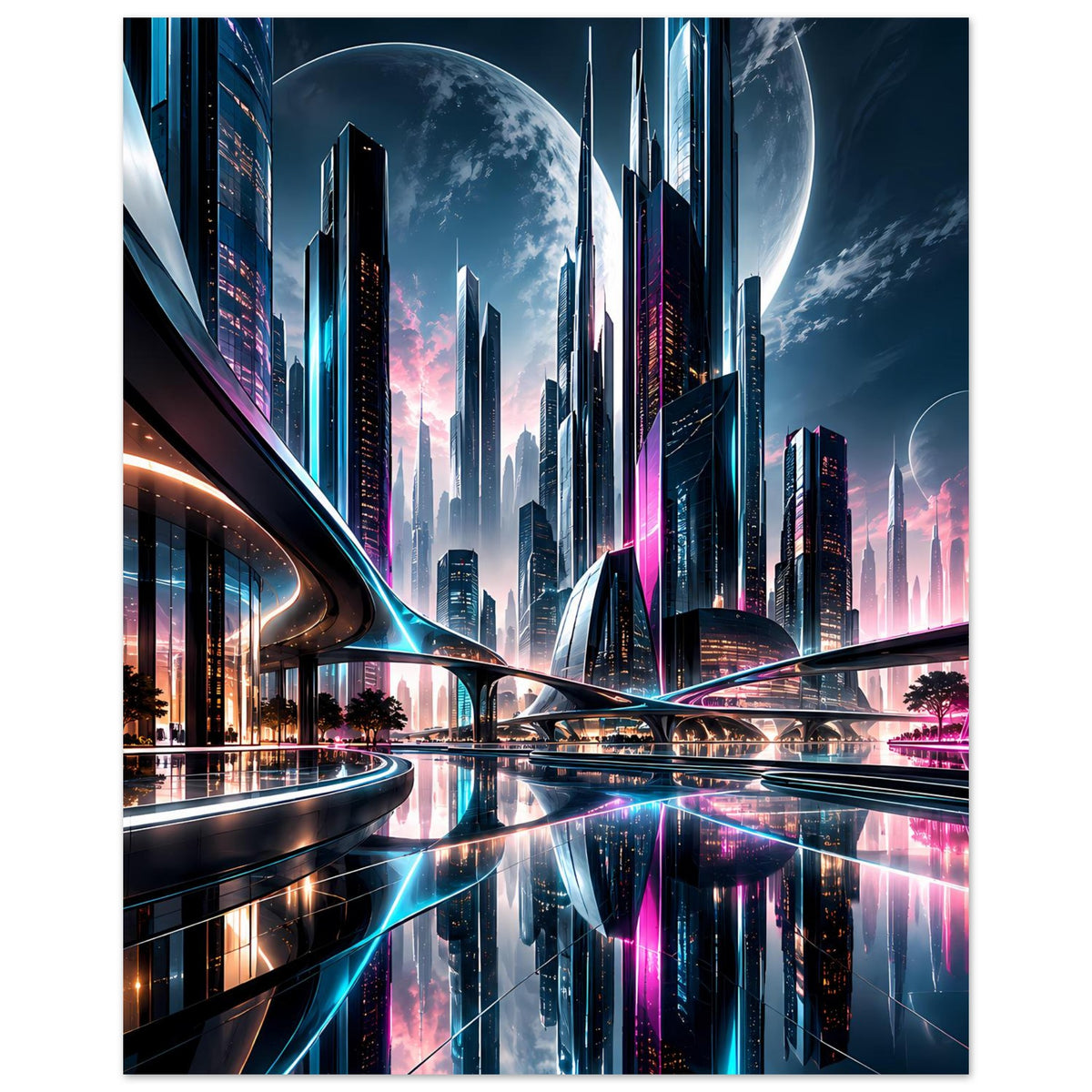 Neon-Stadt-Skyline-Poster (hochkant): hohe Türme, leuchtende Trassen und blaue Mondlandschaft