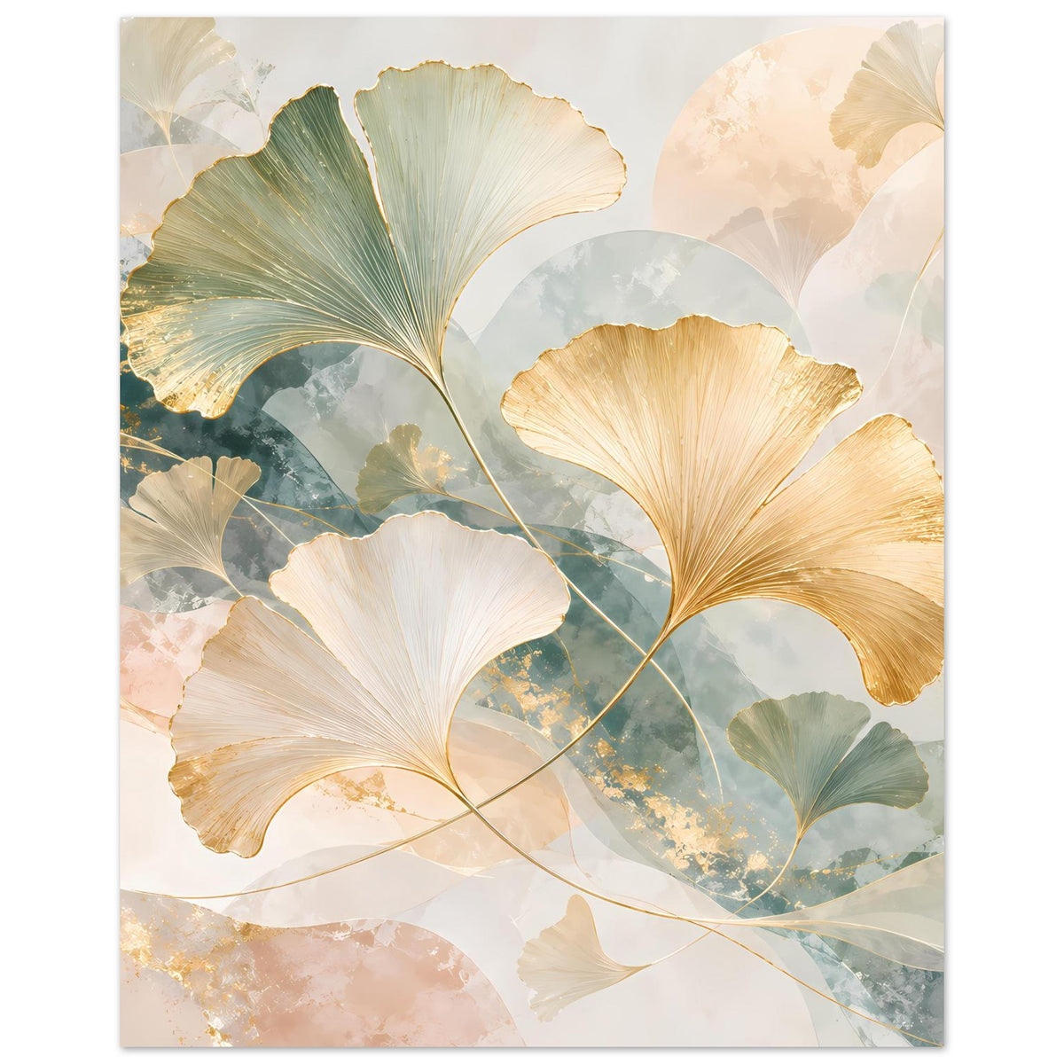 Poster mit Ginkgo-Blättern in Blaugrün, Creme und Goldakzenten, hochformat