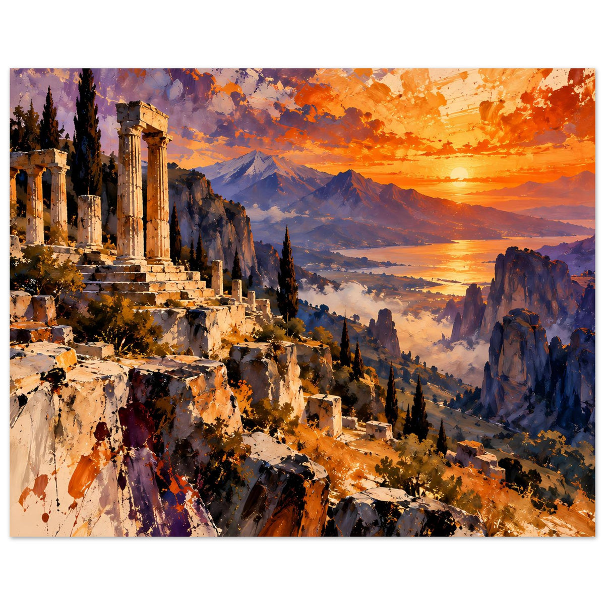 Horizontales mattes Poster mit Ruinen am Hang und orange-violettem Himmel beim Sonnenuntergang