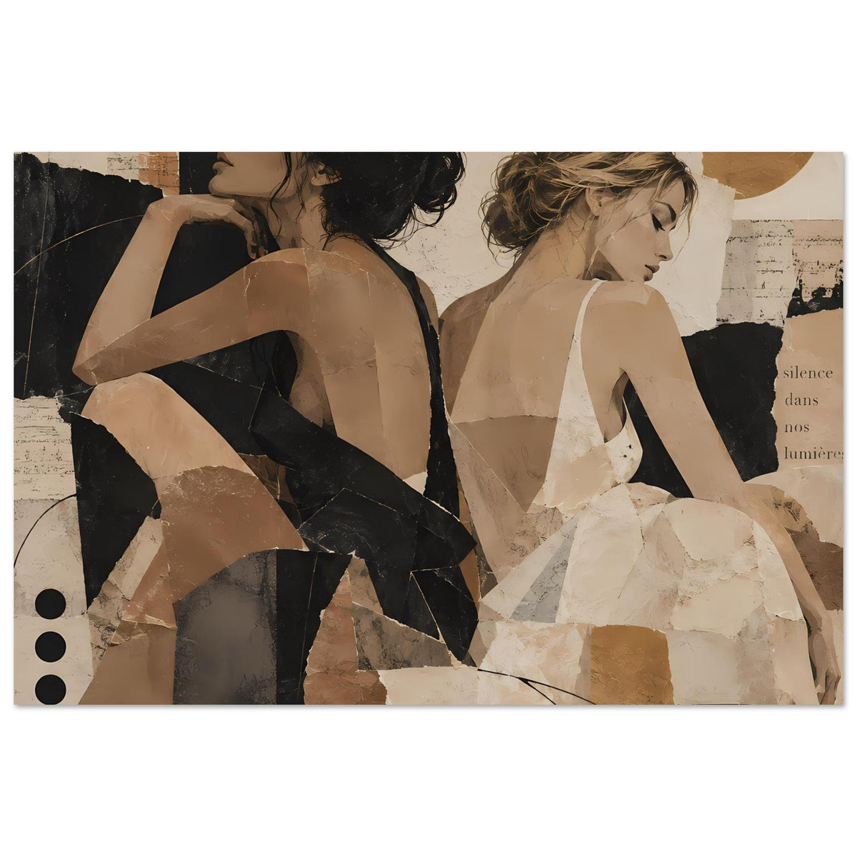 Collage-Poster mit zwei Frauen im Profil, schwarze und beigerbraune Geometrie und Texturen