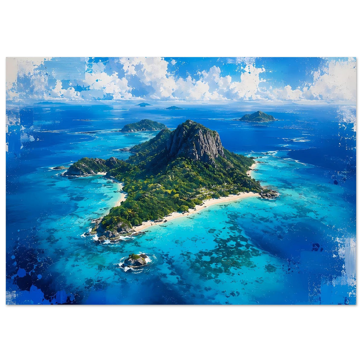 Breitformatiger Poster-Druck einer tropischen Insel mit Felsberg, Sandstrand und türkisfarbenem Meer