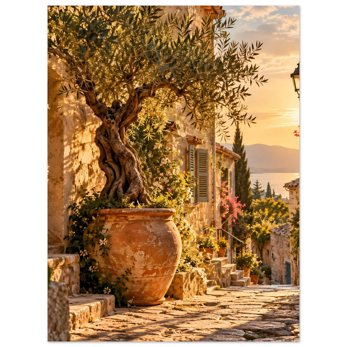 Poster im Hochformat: Olivenbaum, Blüten an Fassaden und Terrakotta-Vase