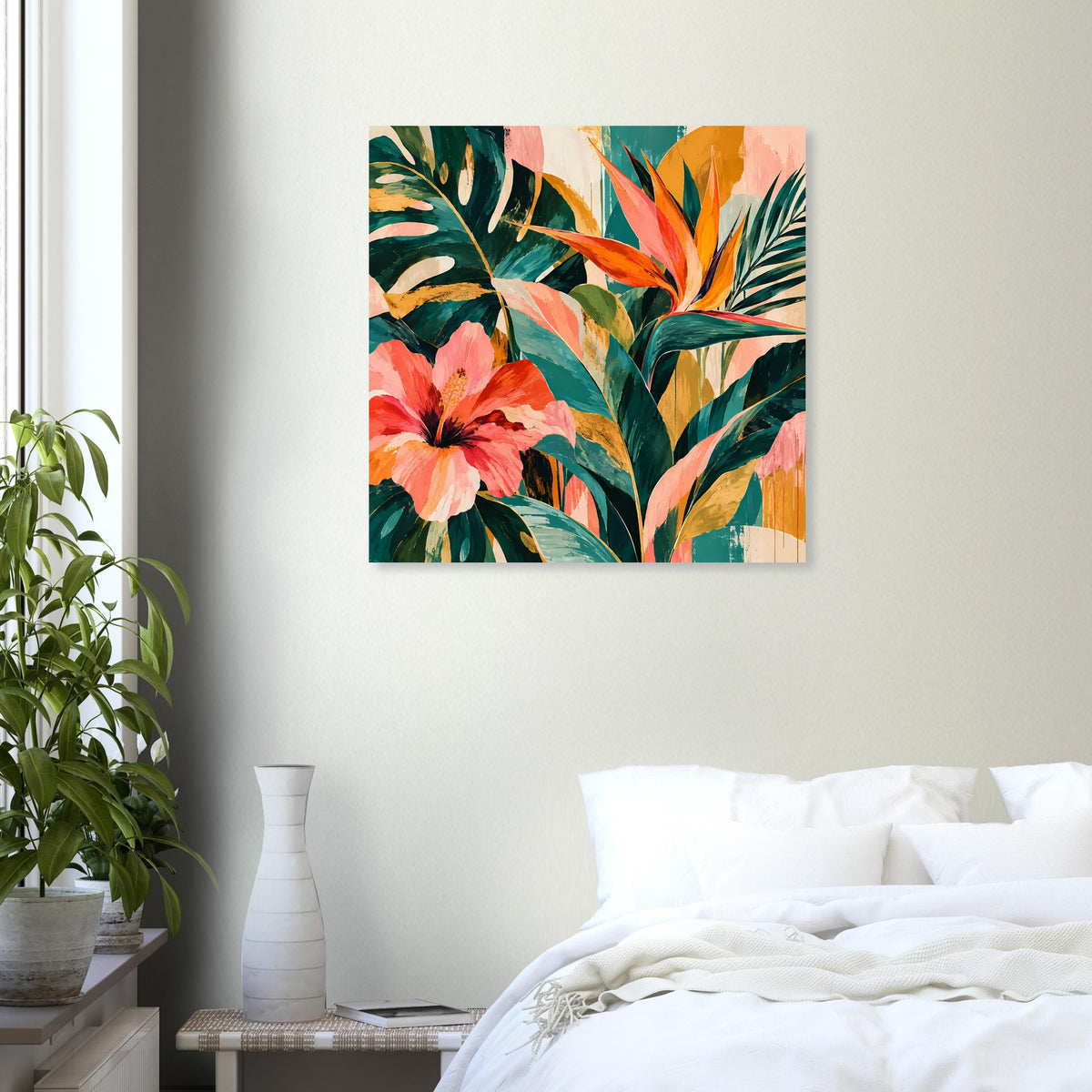 Quadratisches Kunstposter mit tropischem Blätter- und Blütenmotiv in kräftigen Farben