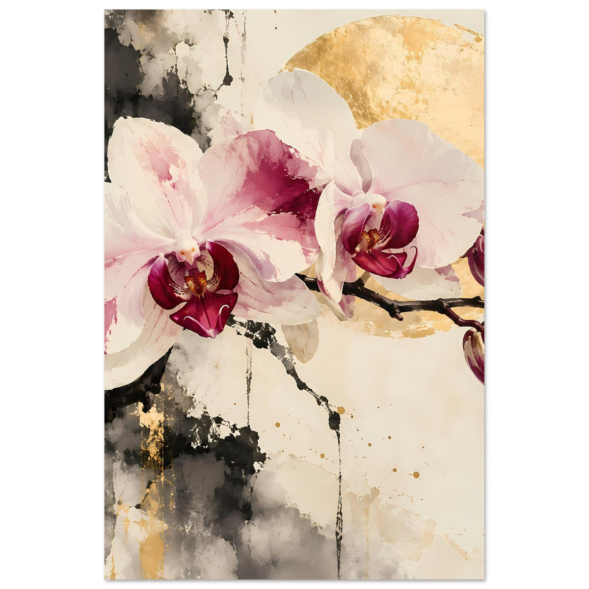 Blumenposter (Ausschnitt) mit Orchideen in Weiß und Rosa, dunkle Zweige, goldene Fläche