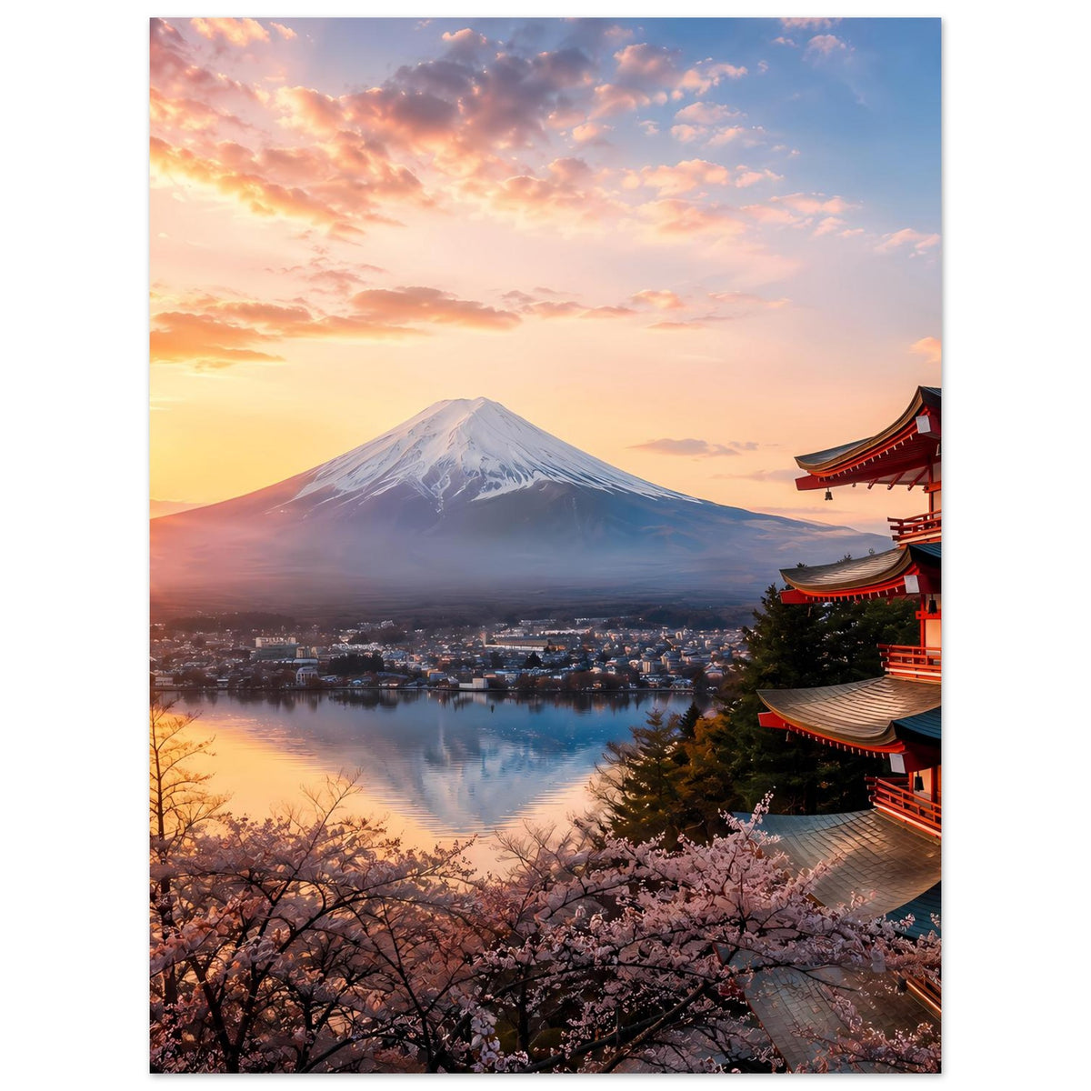 Landschaftsposter mit Fuji und Kirschblüten, japanischer Tempel rechts, ruhiger See