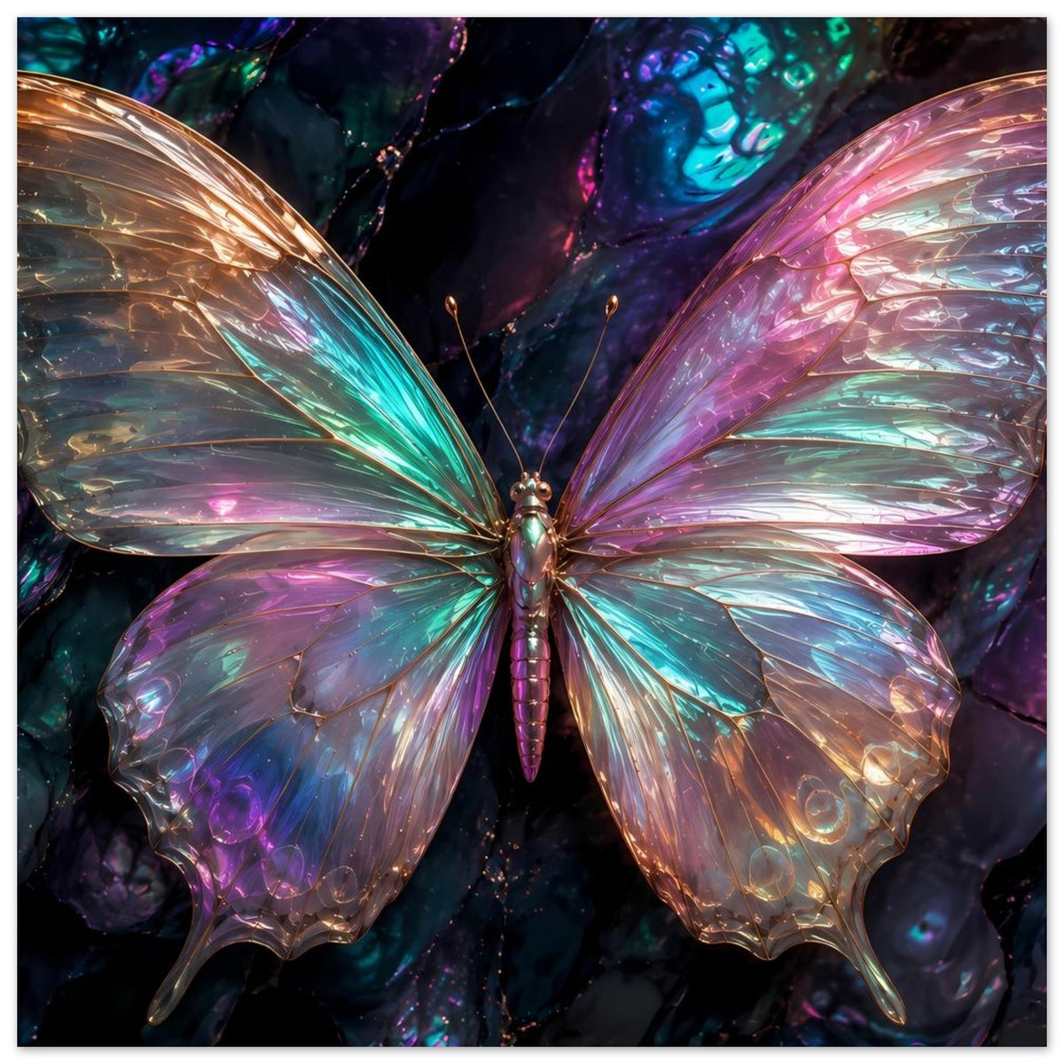 Vertikales Poster mit schimmerndem Schmetterling: Flügel in Türkis, Rosa und Goldtönen