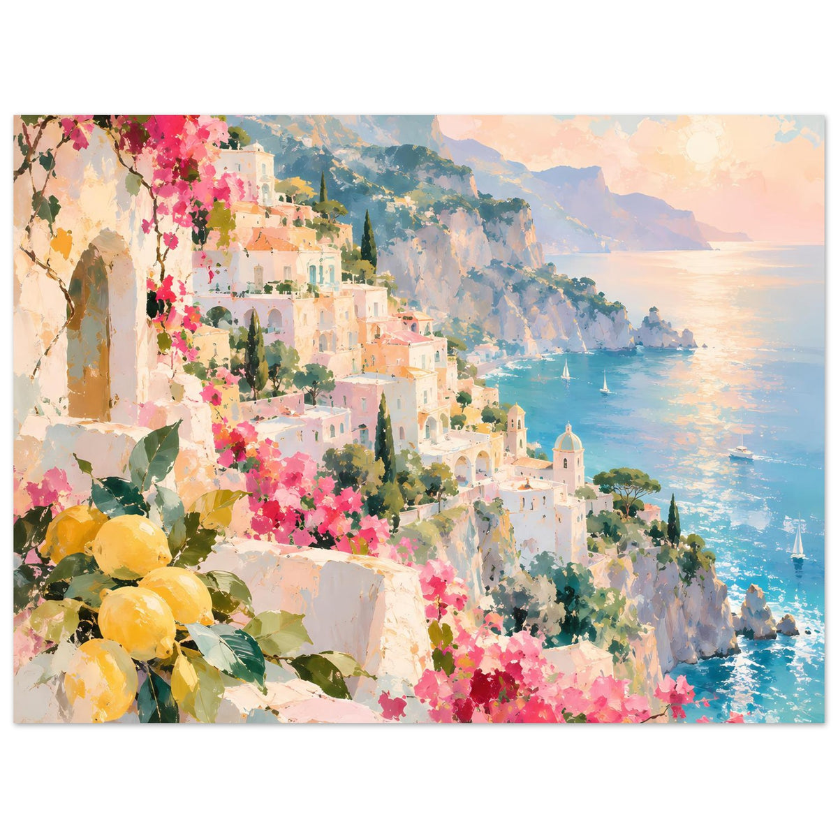 Poster mit Küstenlandschaft: mediterranes Dorf, Meer mit Segelbooten, rosa Blüten