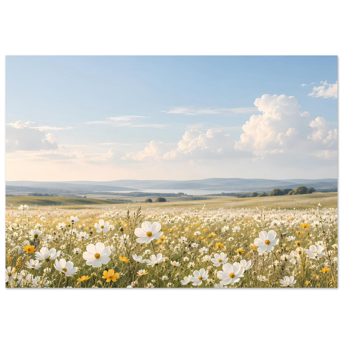 Wandposter mit Blumenwiese und weißen Margeriten, gelben Akzenten und wolkenlosem Weitblick