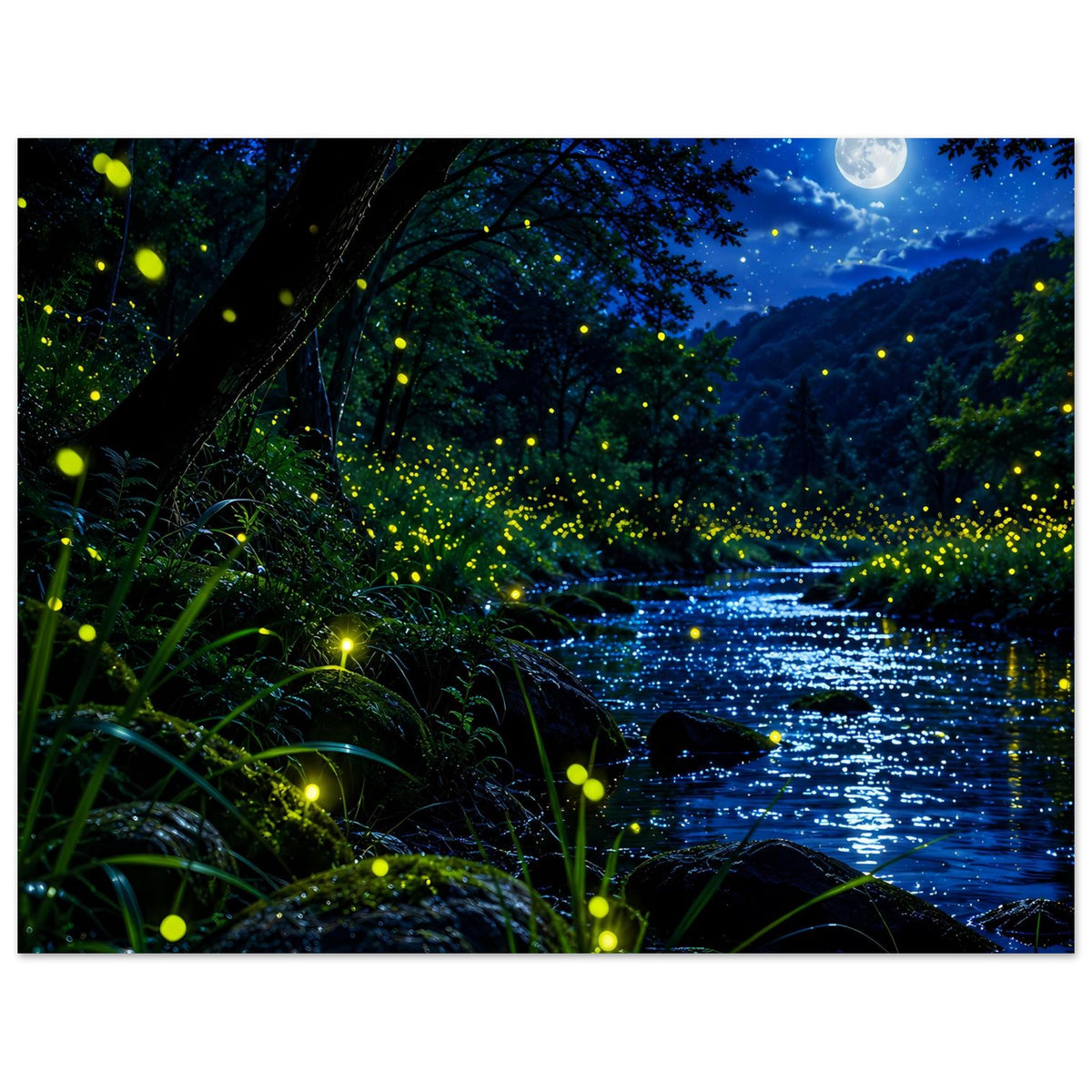 Poster mit Waldfluss bei Nacht: Vollmond, dunkles Wasser und leuchtende Glühwürmchen