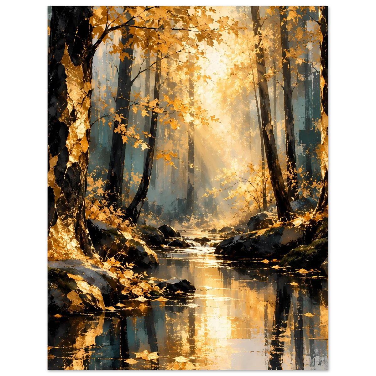 Herbstwald-Poster, vertikal: dunkle Stämme, goldene Blätter, Bachlauf mit Spiegelung