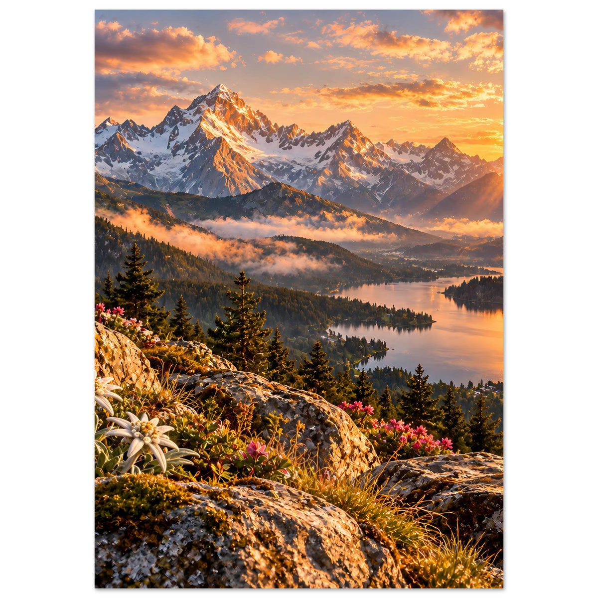Landschaftsposter im Hochformat mit Berggipfeln im Abendlicht, See und bunten Blüten am Hang