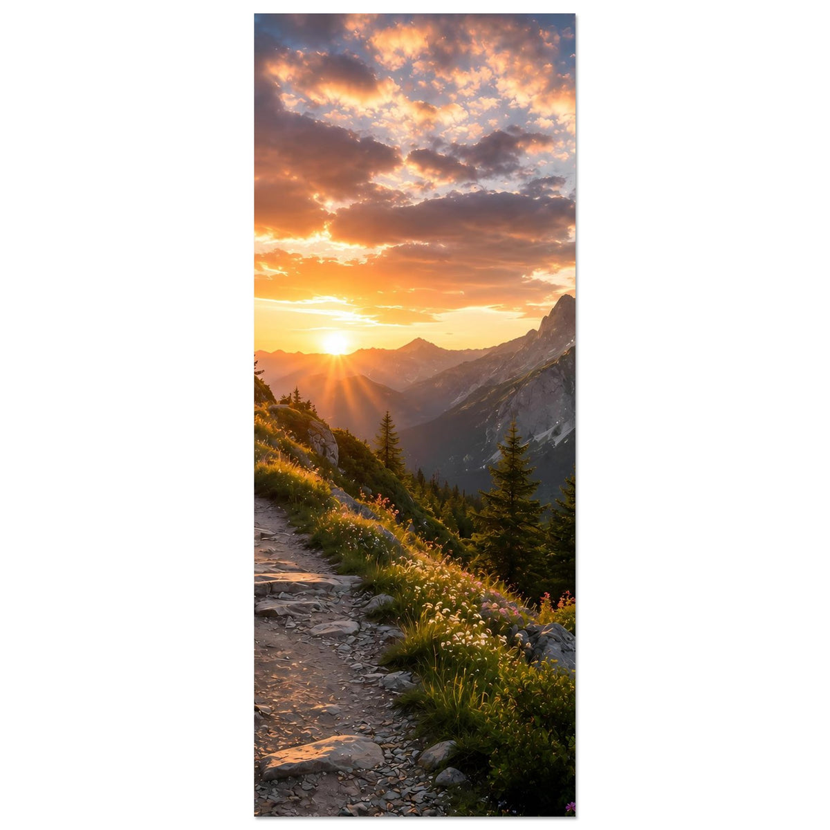 Poster, vertikal: Sonnenuntergang über Bergen mit Pfad im Tal und Nadelbäumen