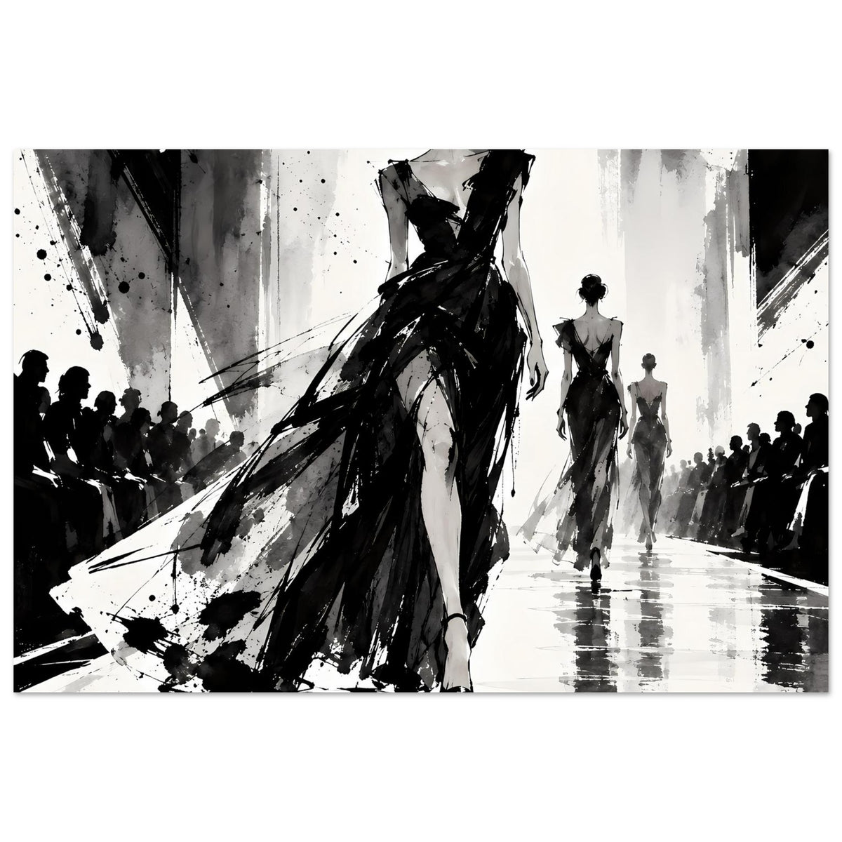 Mode-Illustrationsposter Schwarzweiß: Vorderansicht eines langen, geschichteten Kleids