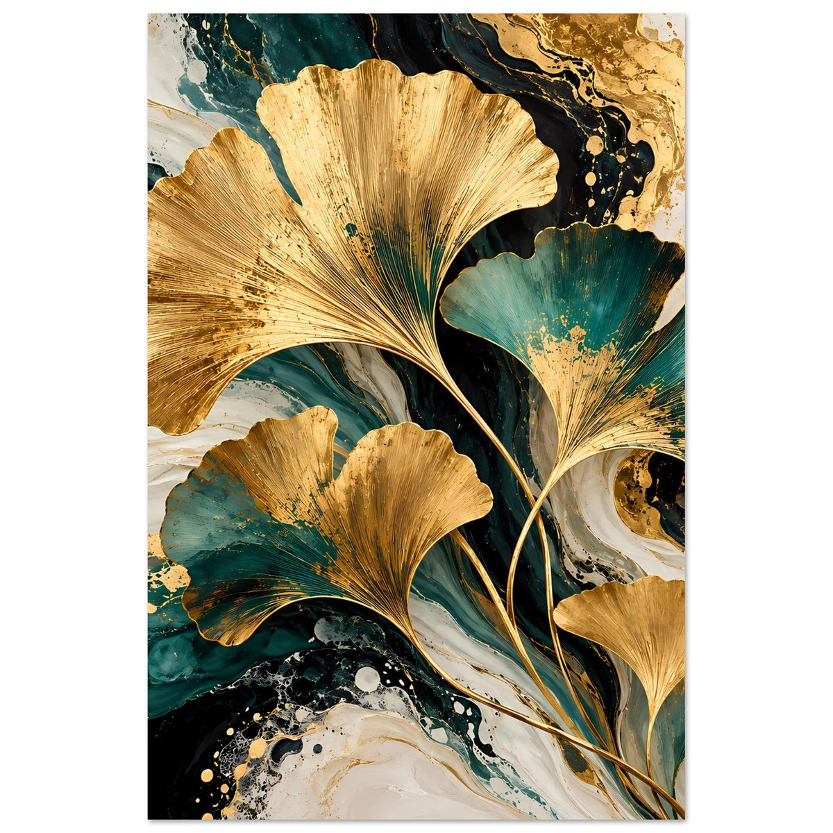 Naturposter im Hochformat mit goldenen Ginkgo-Blättern, grün-blauem Abstraktmuster