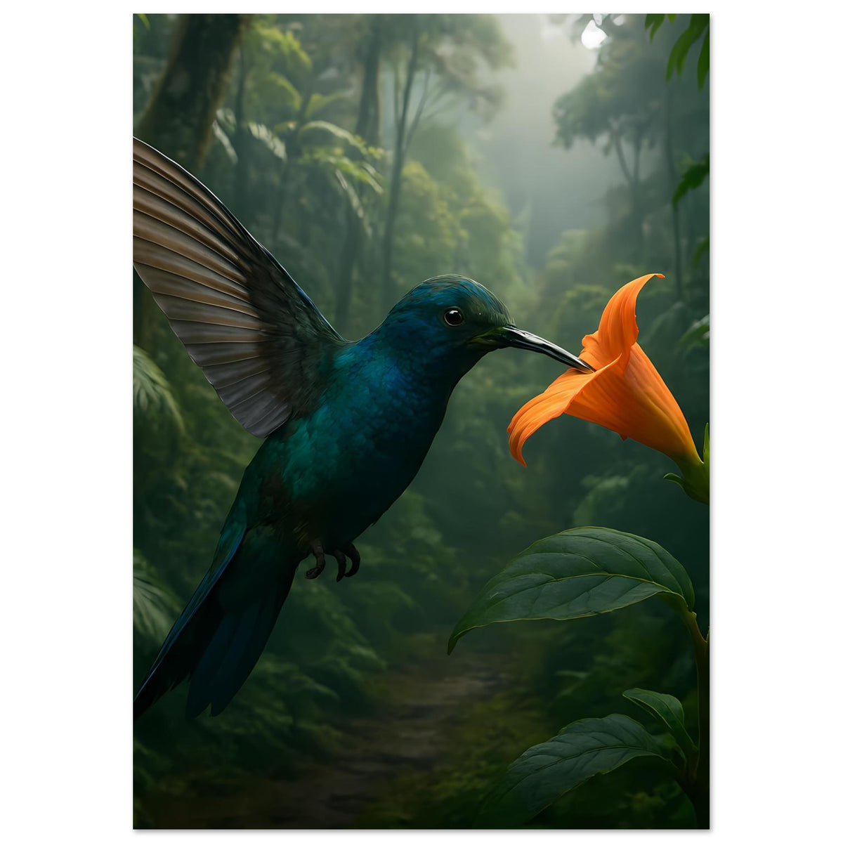 Poster zeigt blauen Kolibri mit ausgebreiteten Flügeln und orangefarbener Blüte.