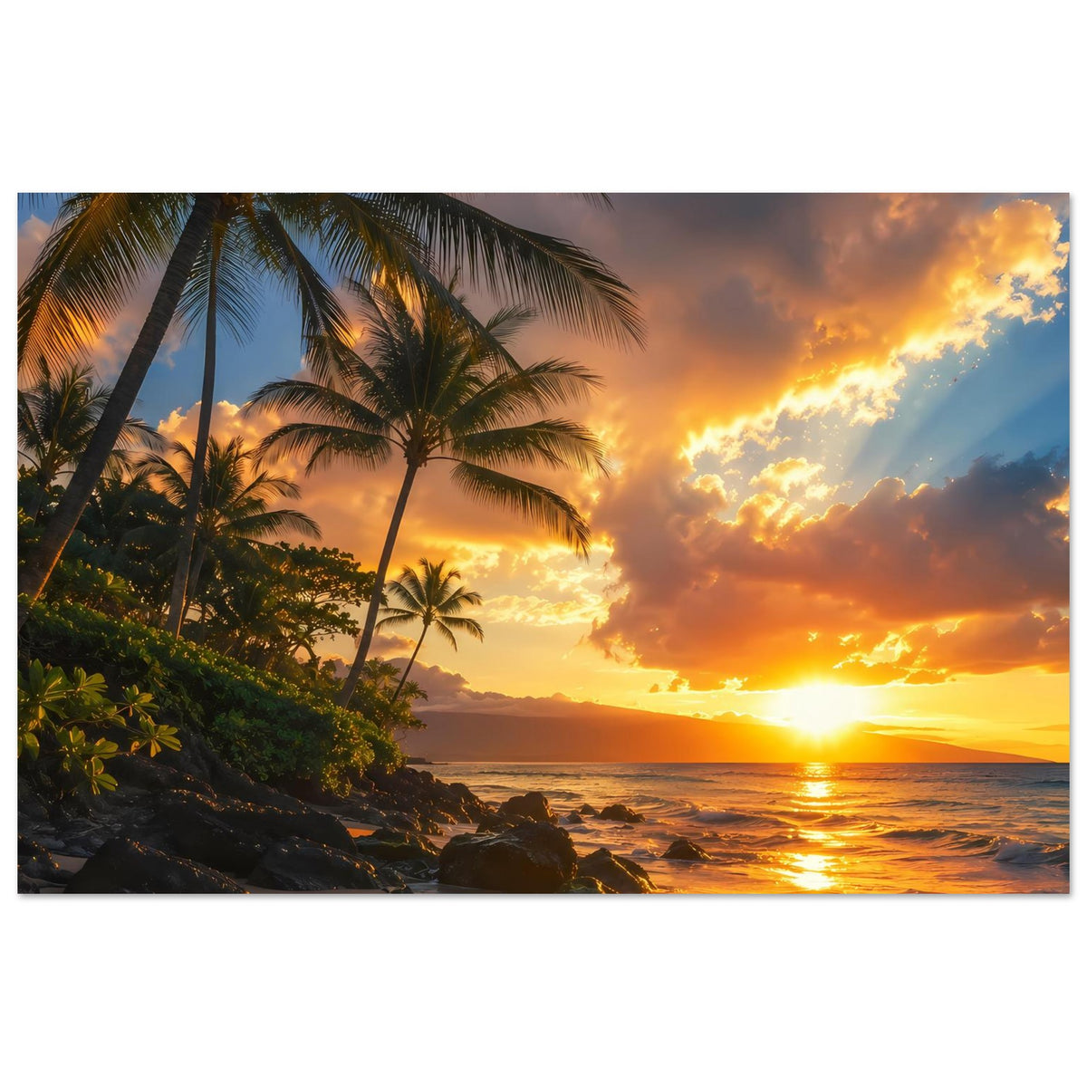 Strandposter (horizontal) mit Palmen und Sonnenuntergang über dem Meer