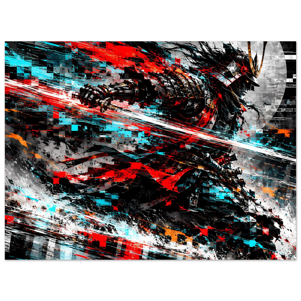 Samurai-Actionposter, horizontal: aggressives Samurai-Motiv in Rot, Cyan und Schwarz