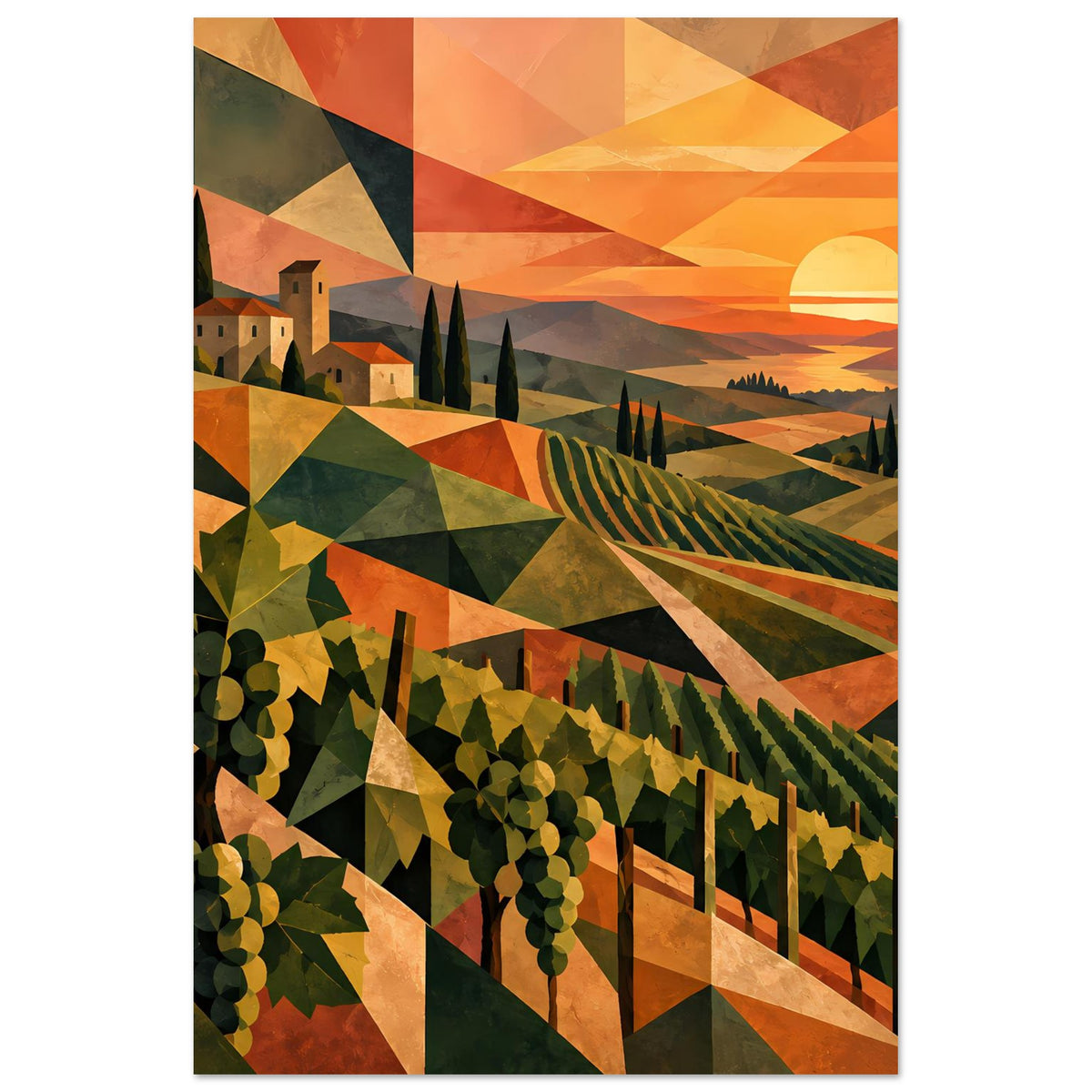 Vertikales Poster mit abstraktem Weinberg und Sonnenuntergang, orangefarbene Kreisform am Himmel