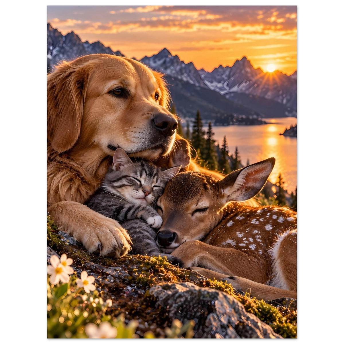 Tierliebe-Poster mit Hund, Katze und Rehkalb: drei Tiere kuscheln auf Felsen