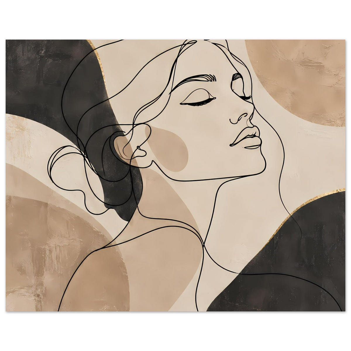 Kunstposter mit Line-Art-Gesicht im Profil, Beige- und Schwarztönen und organischen Formen