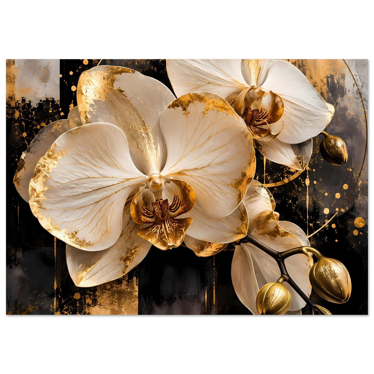 Orchideen-Wandposter mit drei weißen Orchideenblüten und goldfarbenen Kugelakzenten, in Szene gesetzt