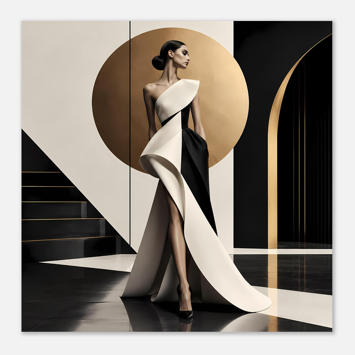 Fashion-Poster mit Frau als Ganzfigur, weißer Schleier über schwarzem Kleid