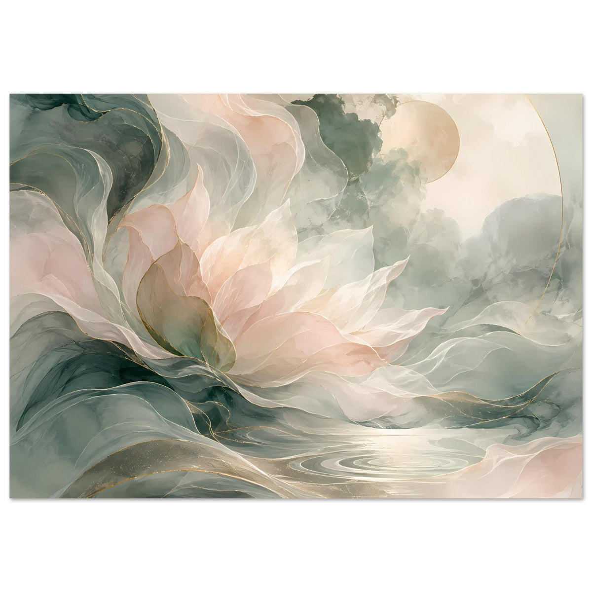 Florales Kunstposter im Querformat mit abstrakten Blütenwellen in Pastellrosa und Dunkelgrün