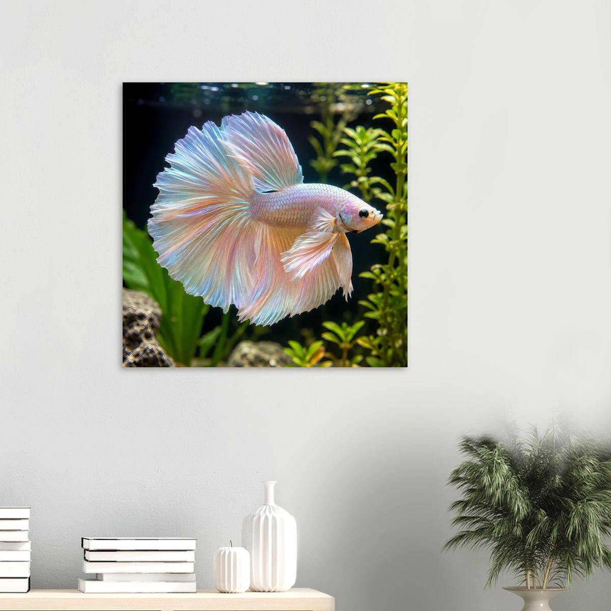 Kleines Poster mit irisierendem Kampffisch, helles Weiß-Rosa und blauer Flossenschimmer.