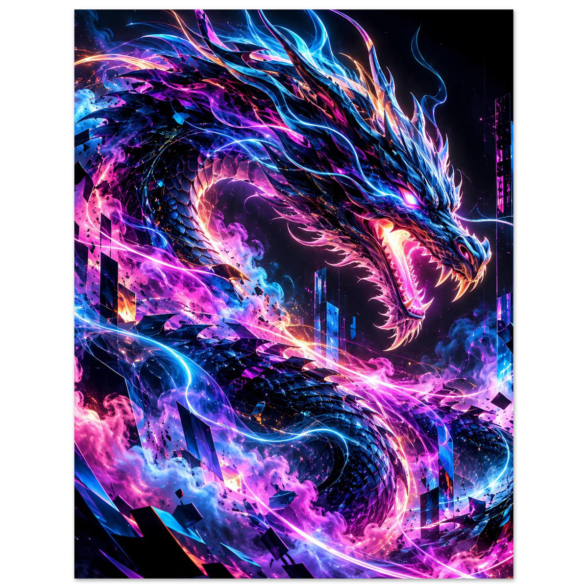 Hochformatiges Poster mit Neon-Cyberdrachen, feuerglühendem Maul und Energieflammen