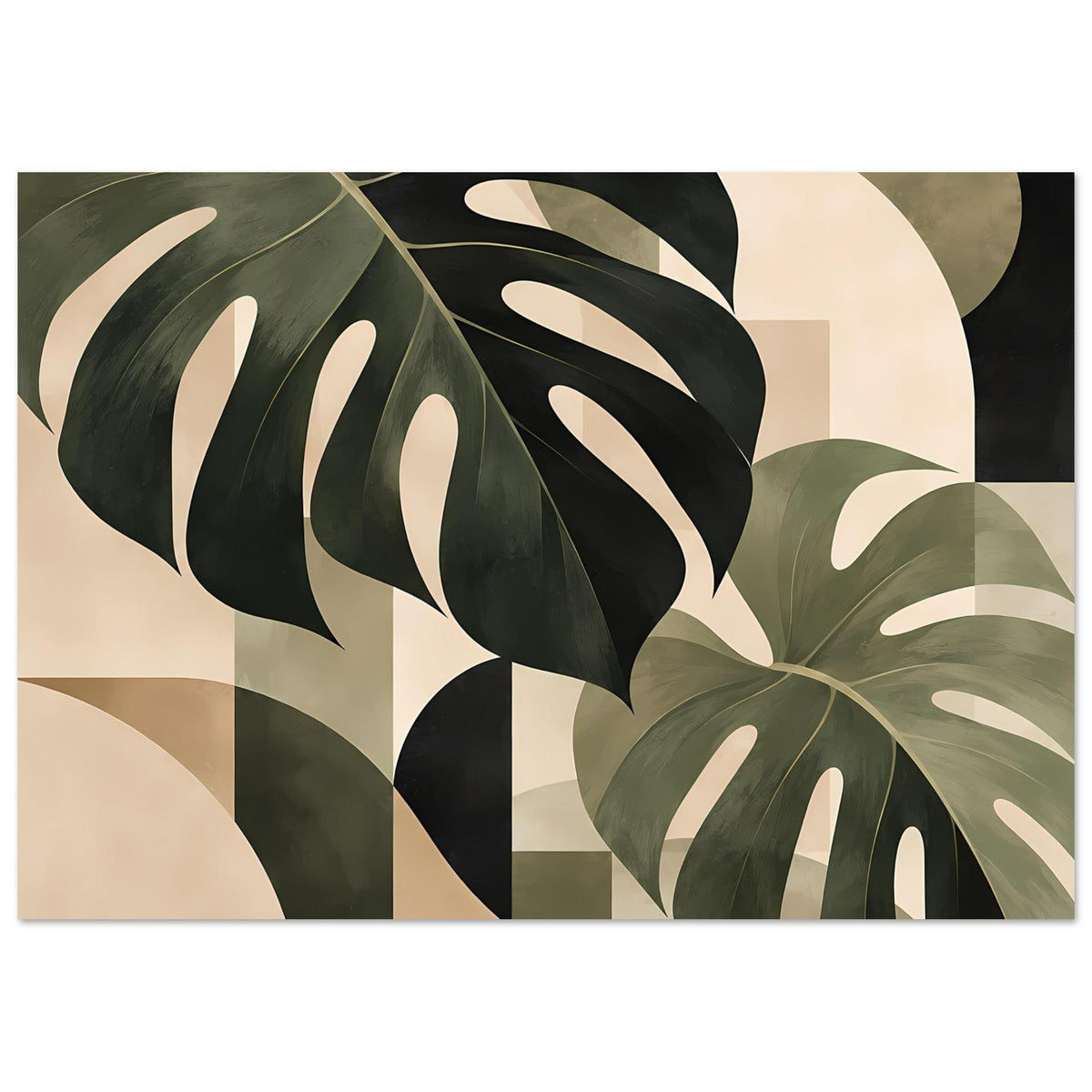 Botanik-Poster mit abstrakten Monstera-Blättern in Salbeigrün, dunkelgrün und Beige.