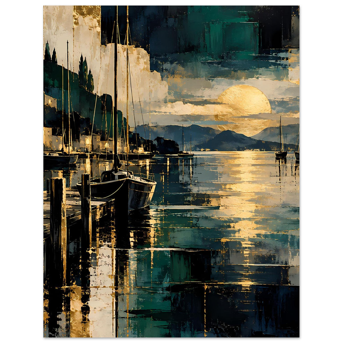 Hafenposter mit Segelbooten und Spiegelungen, blau-goldener Farbverlauf und leuchtende Sonne
