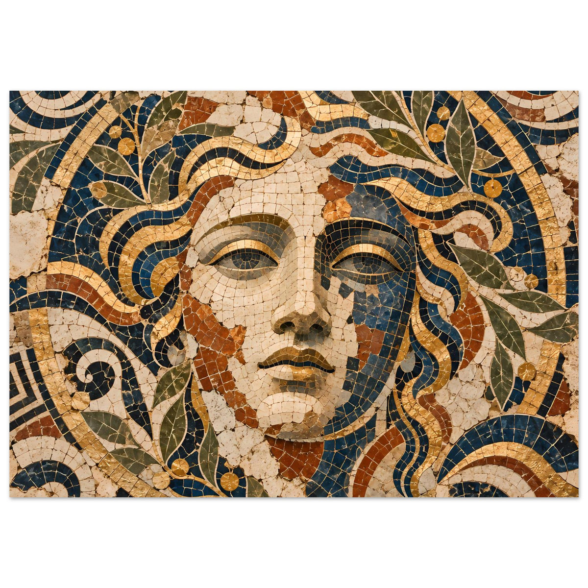 Poster im Querformat mit Mosaik-Göttinnenportrait, Gesicht und Haarornamente