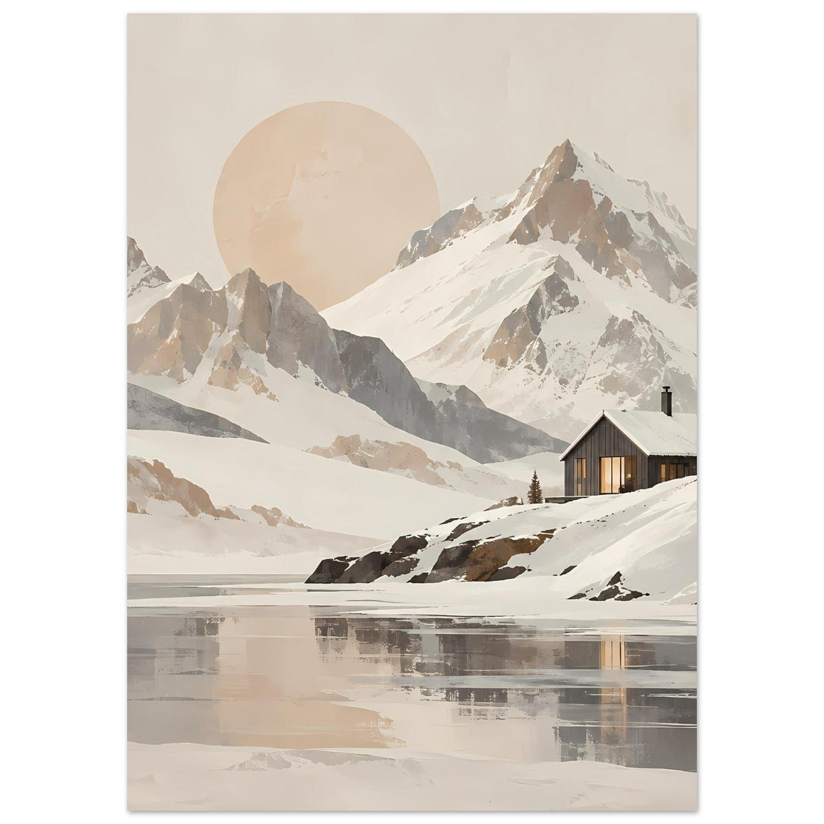 Vertikales Poster mit Bergpanorama, warmen Neutraltönen, Sonnenkreis und Hütte im Schnee