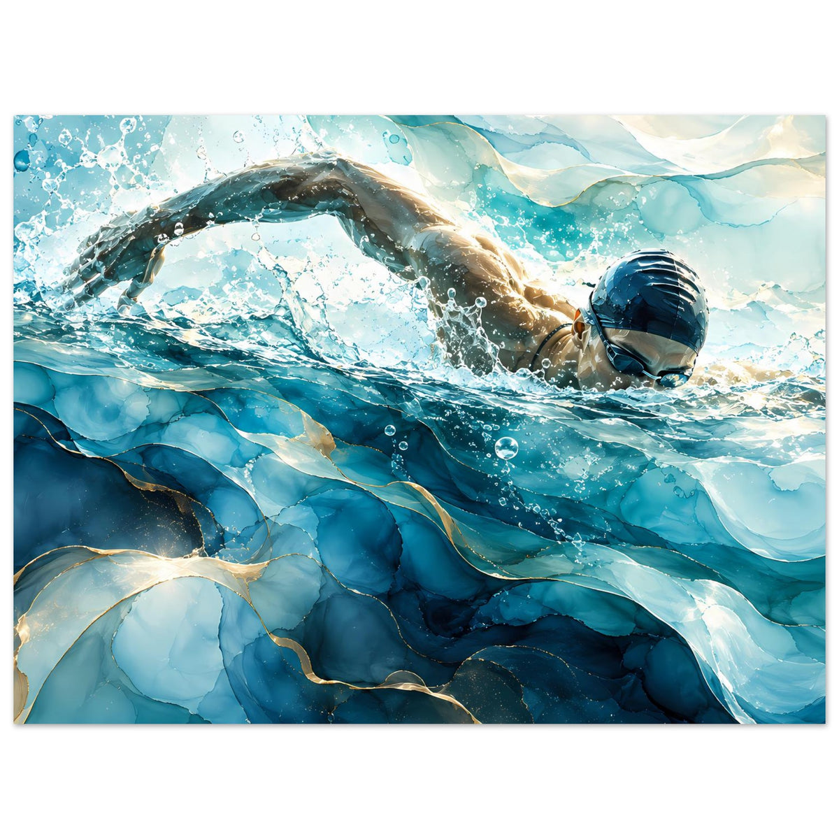 Wandposter im Querformat: Schwimmer zwischen Wasserwellen und Blasen in Blau