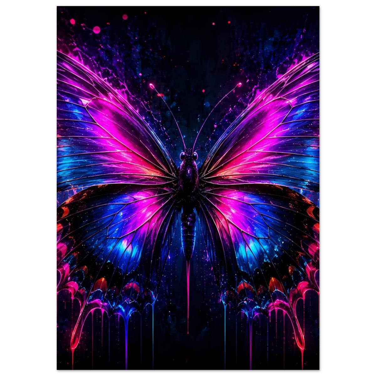 Schmetterlingsposter mit ausgebreiteten Neonflügeln und blauem Zentrum, hochformat
