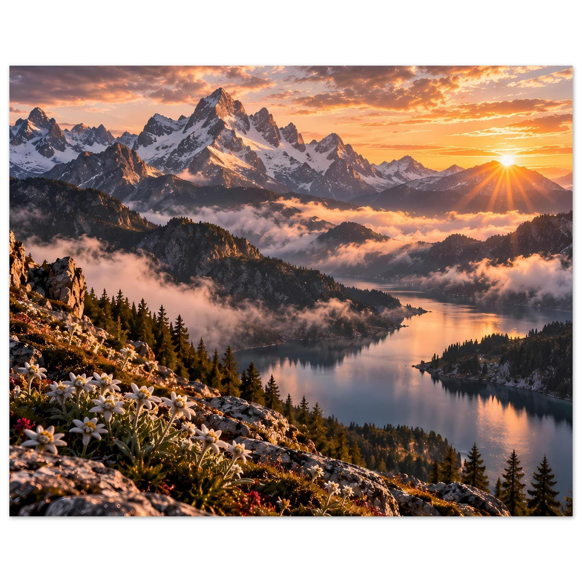 Bergsee-Poster im Querformat mit Alpen, Sonnenaufgang und ruhigem See
