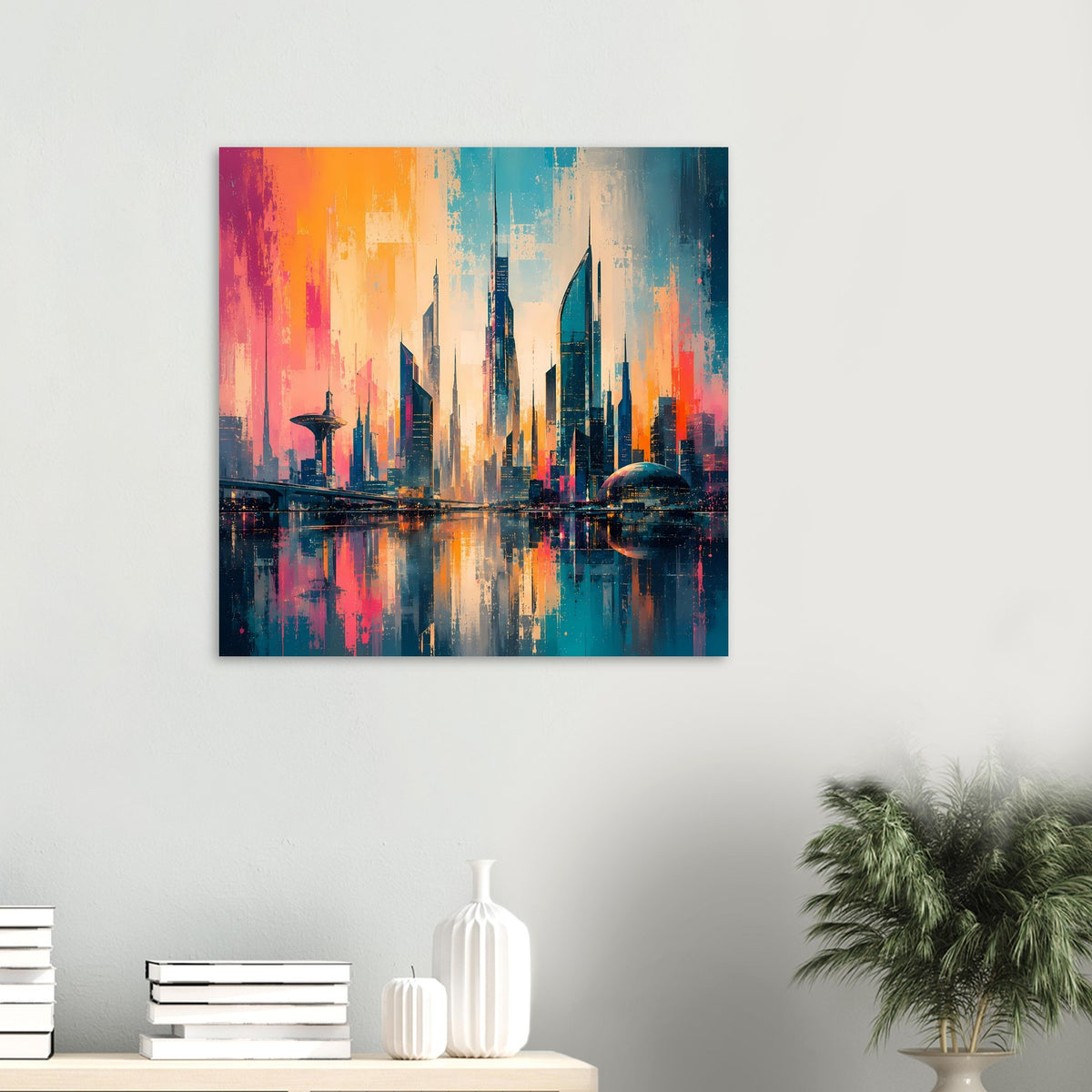 Cityscape-Poster mit futuristischer Skyline und Wasserreflexionen in Orange-Pink-Blau