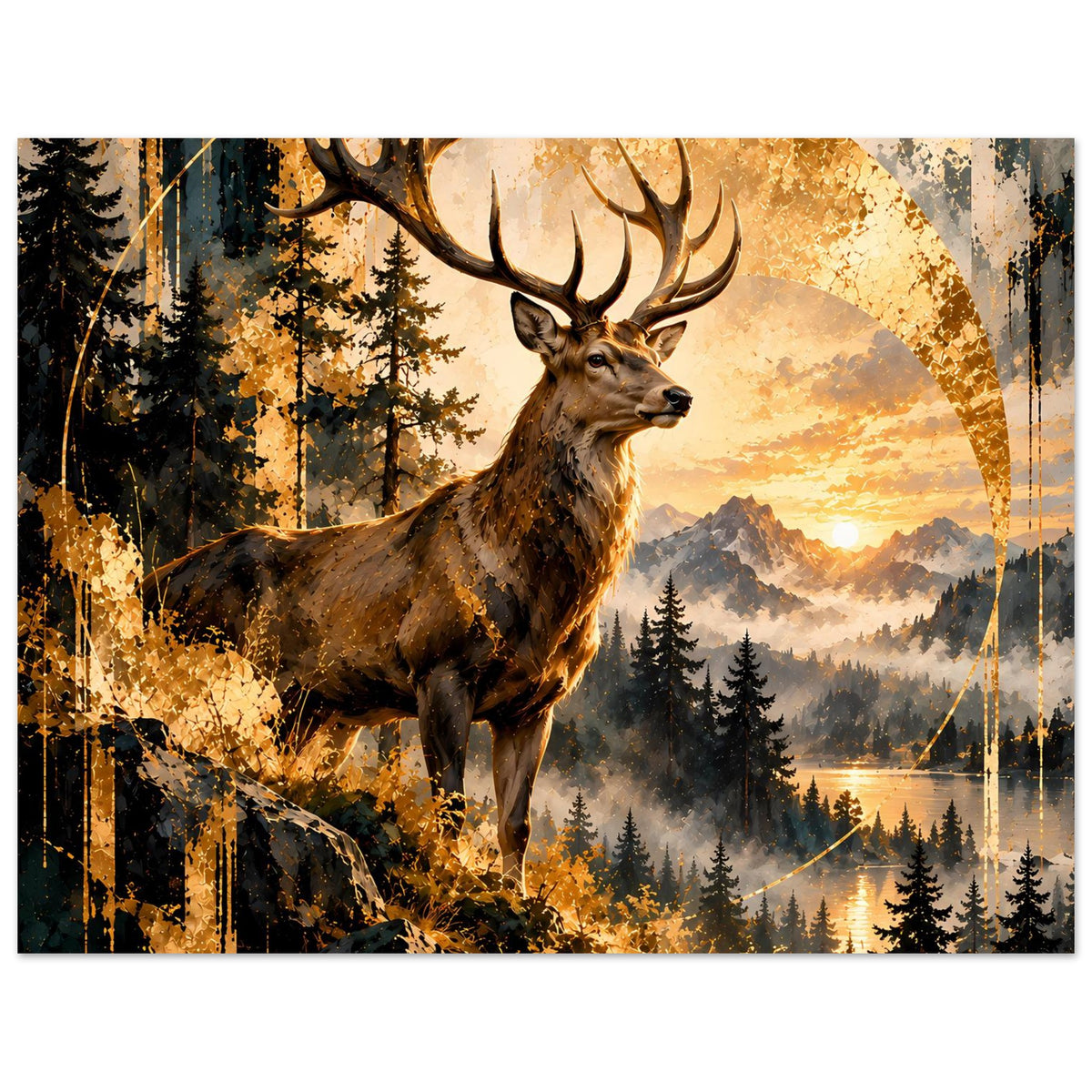 Horizontales Poster: Hirsch im Wald, goldener Halbkreis und stimmige Sonnenuntergangsszene
