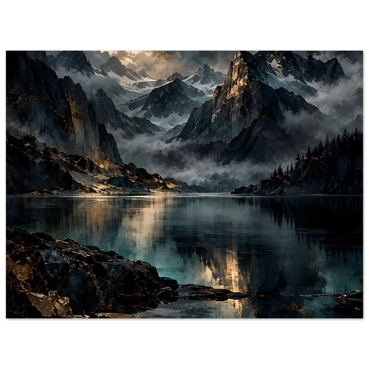 Poster mit Alpenlandschaft bei Dämmerung, leuchtende Wolken über Bergen und spiegelndem See