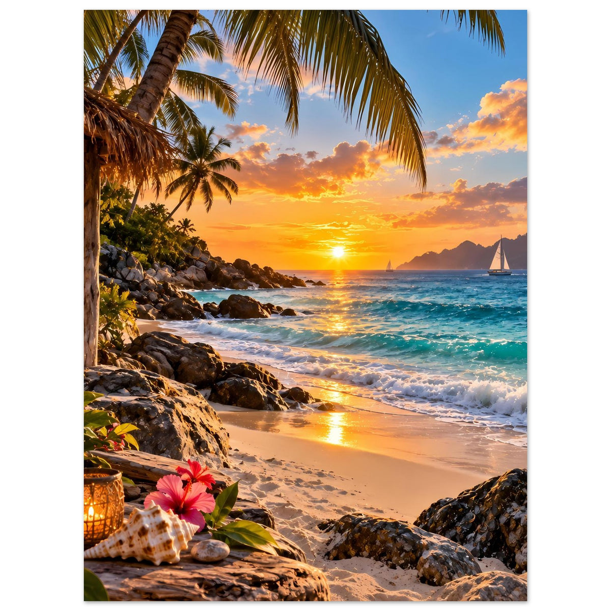 Tropisches Strandposter mit Sonnenuntergang, Palmen, Wellen und Felsen am Ufer