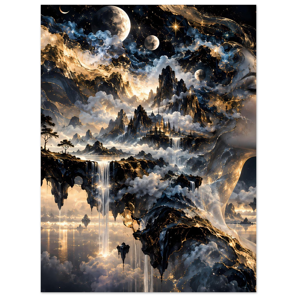 Poster im Hochformat mit Engelsprofil, Mondkörpern und leuchtender Wasser-/Wolkenlandschaft